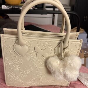 Betsey Johnson Cream Satchel with Heart and Butterfly Accents